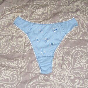 NWOT size Small Stretchy COTTON Thong Cute Blue Floral Embroidery
